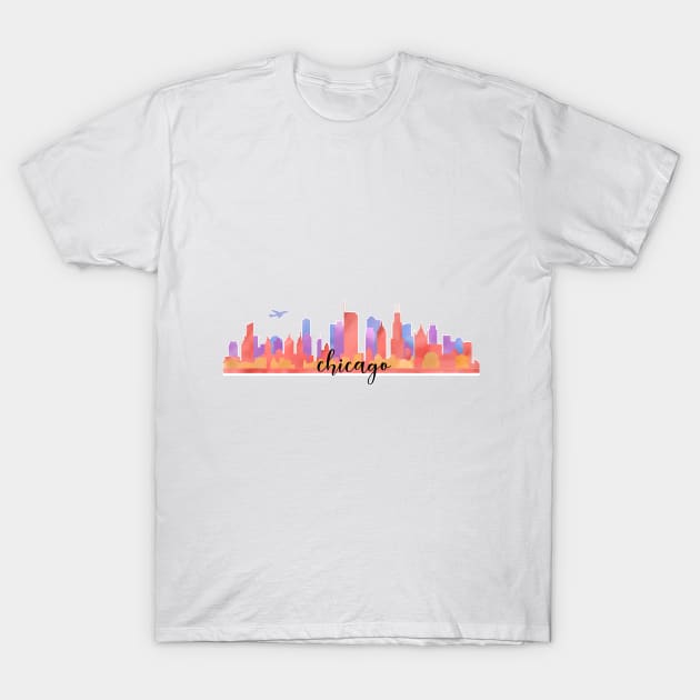 Color Chicago City Skyline Watercolour Multilayer With Aircraft/Flight/Aeroplane/Airplane/Plane T-Shirt by stateofthe-art